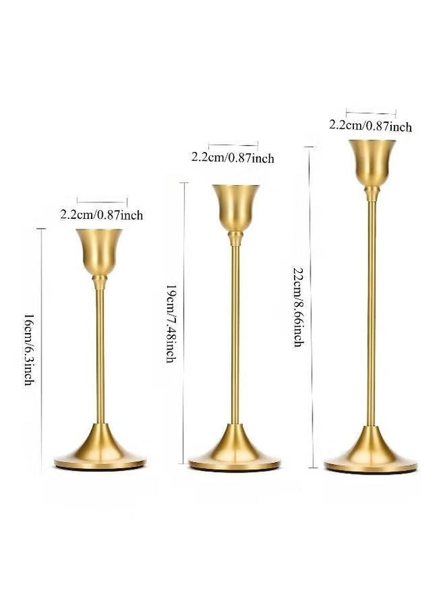 3PCS Brass Gold Taper Candle Holders Tall Metal Pillar Candlestick Holders Vintage